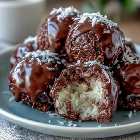 Healthy Chocolate Coconut Bites arranged on a white plate, drizzled with dark chocolate and sprinkled with shredded coconut.
