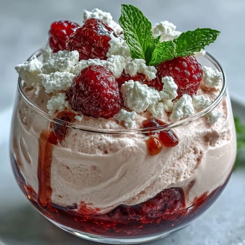 Velvety smooth cottage cheese and raspberry mousse, naturally sweetened and garnished with mint.  