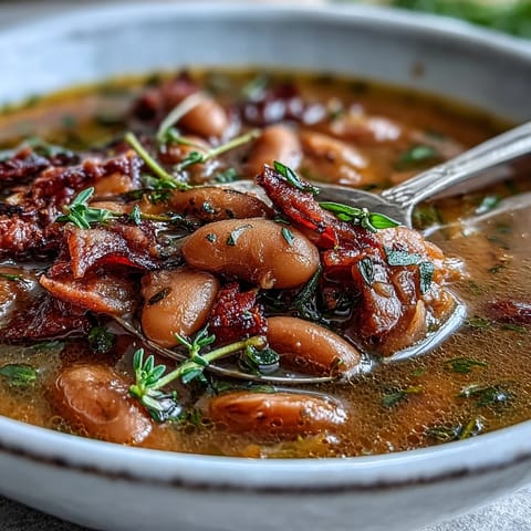 A rustic bowl of ham and navy bean soup with tender beans, savory ham, and fresh thyme sprigs.