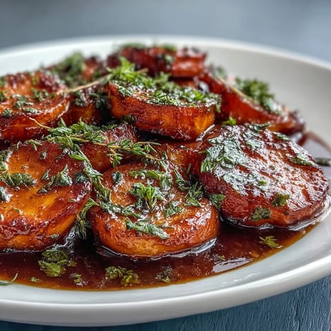 Candied yams with brown butter and sage, baked until tender and caramelized, served in a rustic dish.  