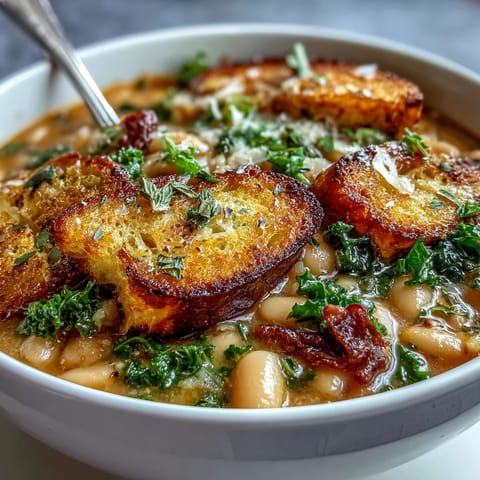 A bowl of hearty Tuscan ribollita white bean soup topped with golden sourdough croutons and fresh herbs.  