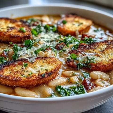 Creamy white beans, kale, and vegetables in a rustic Italian ribollita soup with crispy sourdough croutons.  