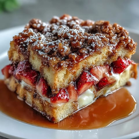 Galentine's Brunch Strawberry French Toast Casserole with golden topping and fresh berries.