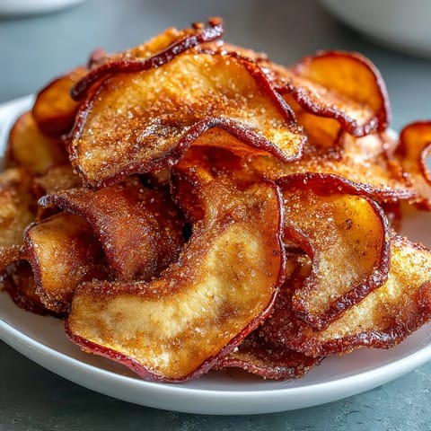 Fragrant air-fried apple slices coated in sweet cinnamon sugar, a healthy snack with irresistible crunch and natural sweetness.