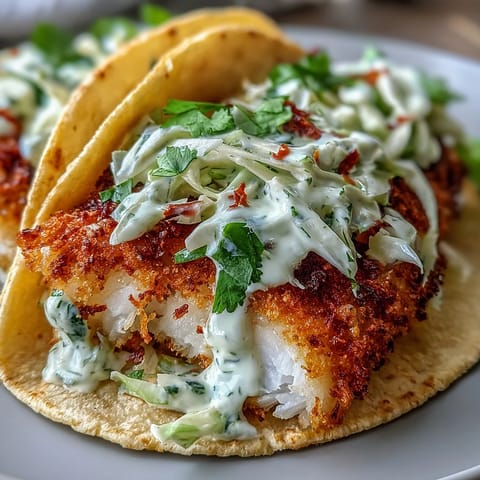 Air fryer fish tacos with cabbage slaw served on warm tortillas, topped with creamy lime sauce and fresh cilantro for a zesty bite.  