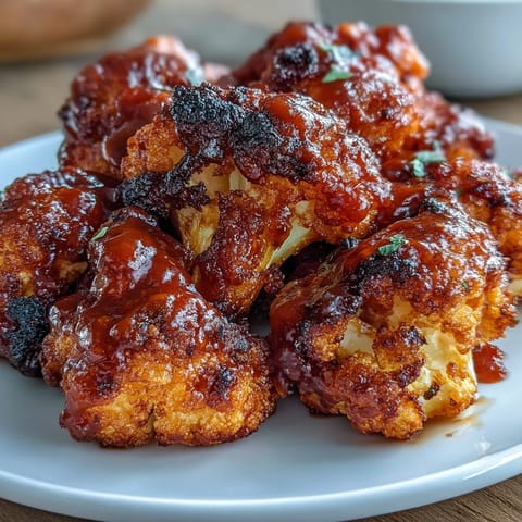 Air fryer cauliflower wings tossed in spicy Buffalo sauce, golden and crispy, served with celery sticks for dipping.  