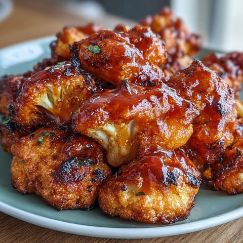 Spicy vegan cauliflower bites air-fried to perfection, coated in tangy Buffalo sauce, perfect for game day snacking.  
