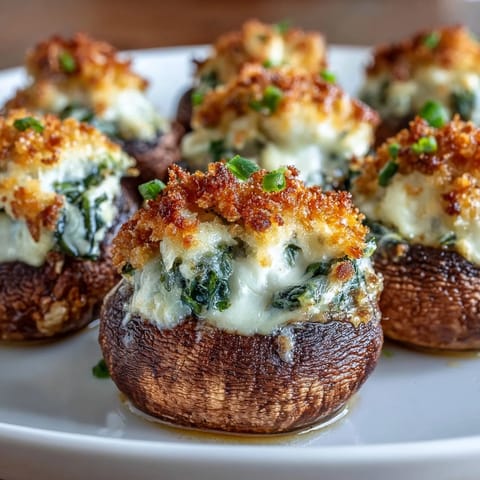 Savory air fryer stuffed mushrooms with cream cheese and spinach, tender caps topped with golden Parmesan and fresh parsley.