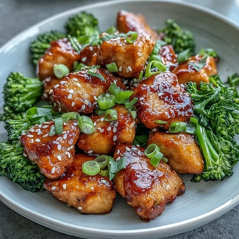 Tender chicken pieces tossed in a savory honey garlic glaze, paired with perfectly air-fried broccoli for a quick weeknight dinner.  