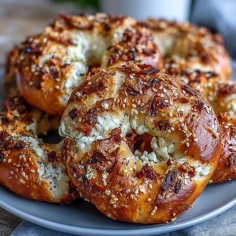 High-protein Greek yogurt bagels topped with everything seasoning, baked until golden and chewy.