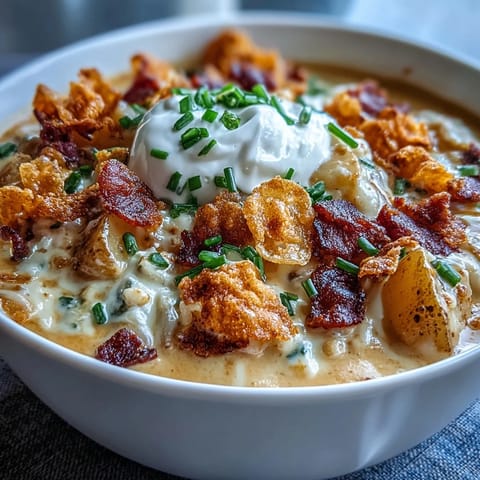 Creamy loaded baked potato soup with melted cheddar, crispy bacon, and crushed potato chips, inspired by classic funeral potatoes.