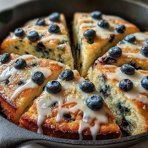 Moist and tender blueberry lemon cake baked in a cast iron skillet, enriched with sourdough starter.  