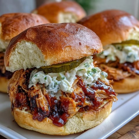 Juicy pulled chicken sliders drenched in tangy barbecue sauce, served on soft slider buns for a crowd-pleasing party dish.  