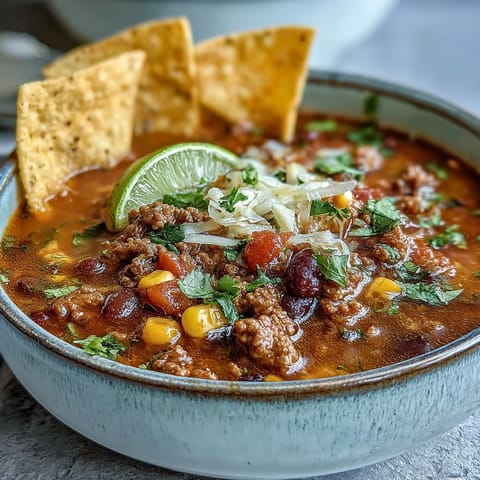 Rich and savory taco soup loaded with tender beef, black beans, and diced tomatoes, served with a side of crunchy tortilla chips.  
