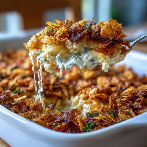 Lightened-Up Funeral Potatoes with Greek Yogurt Sauce, a creamy and cheesy casserole topped with crispy cornflakes, baked until golden and bubbly.