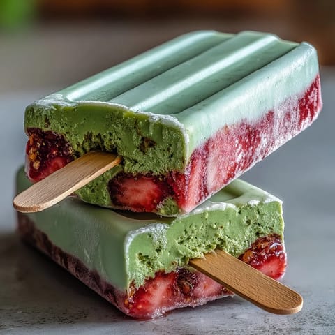 Swirled Strawberry Matcha Latte Popsicles blending sweet strawberries and earthy matcha in a smooth, dairy-free milk base.  