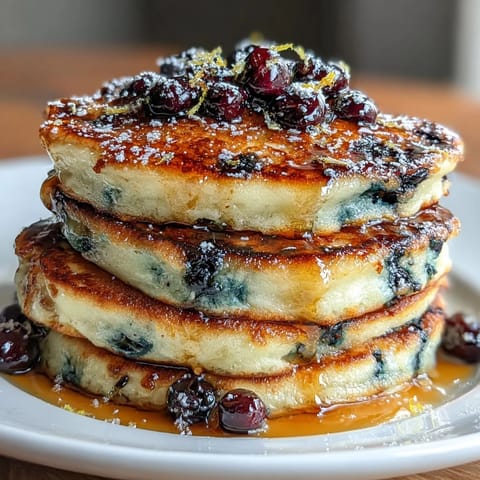 Fluffy sourdough pancakes bursting with fresh lemon zest and juicy blueberries, perfect for a bright morning breakfast.