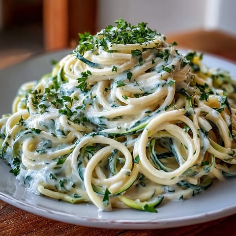 Creamy cottage cheese Alfredo sauce served over tender zucchini noodles, garnished with fresh parsley and Parmesan.  