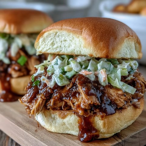 Crockpot Mississippi Chicken Sliders with Coleslaw, tender shredded chicken slow-cooked with zesty ranch and au jus flavors, served on soft buns with crunchy coleslaw.