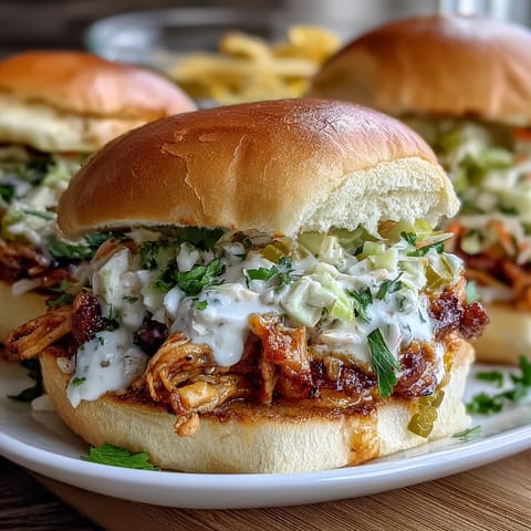 Flavorful Crockpot Mississippi Chicken Sliders piled high with buttery, pepperoncini-infused chicken, topped with tangy coleslaw for a perfect party bite.