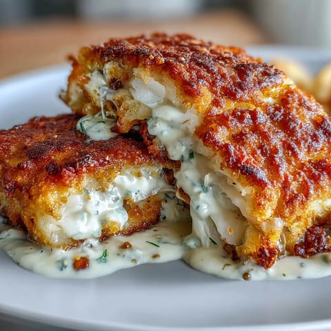 Crispy golden catfish fillets seasoned with Southern spices, served with zesty homemade remoulade sauce on a rustic wooden board.