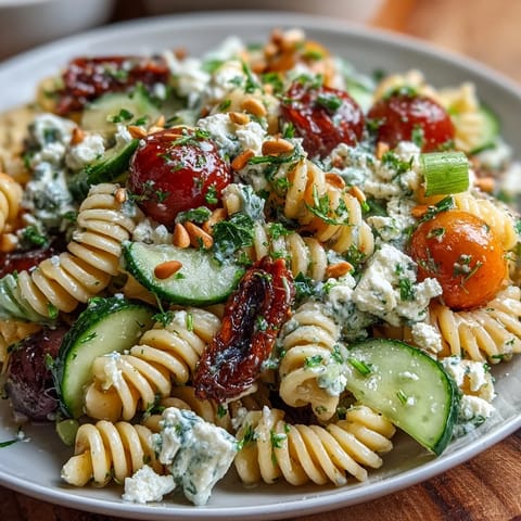 Vibrant Lemon Vinaigrette Pasta Salad with crisp cucumbers and juicy cherry tomatoes, perfect for a light summer meal.