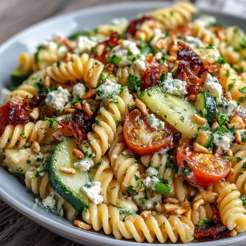 Bright and zesty Lemon Vinaigrette Pasta Salad featuring tender pasta, fresh cucumbers, and colorful cherry tomatoes, ideal for picnics.