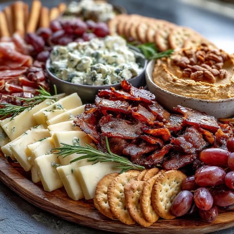 Housewarming Party Charcuterie Board with Dips and Crackers: A vibrant spread of cured meats, cheeses, fresh fruits, and savory dips arranged for easy entertaining.