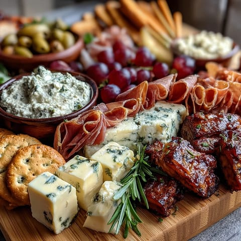 Housewarming Party Charcuterie Board with Dips and Crackers: An elegant appetizer board featuring prosciutto, brie, hummus, and assorted crackers, perfect for festive gatherings.