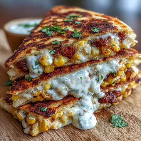 Crispy Cinco de Mayo Street Corn Quesadillas loaded with roasted corn, melty cheese, and fresh cilantro.