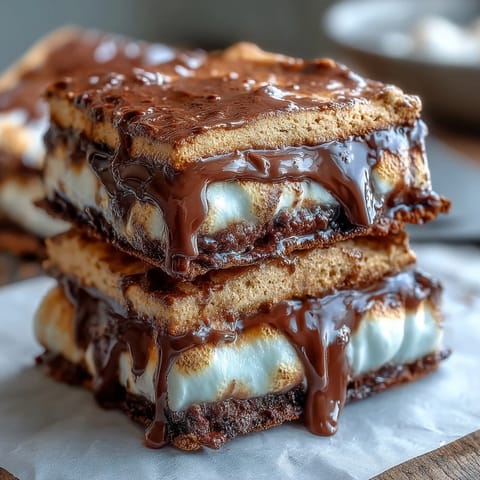 Fourth of July S'mores Dip in a cast iron skillet, with golden toasted marshmallows and melted chocolate, ready for dipping with graham crackers and berries.