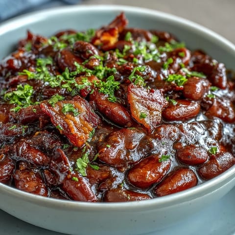 2. Golden baked beans topped with crispy bacon, featuring tender navy beans in a rich, tangy brown sugar molasses glaze.  