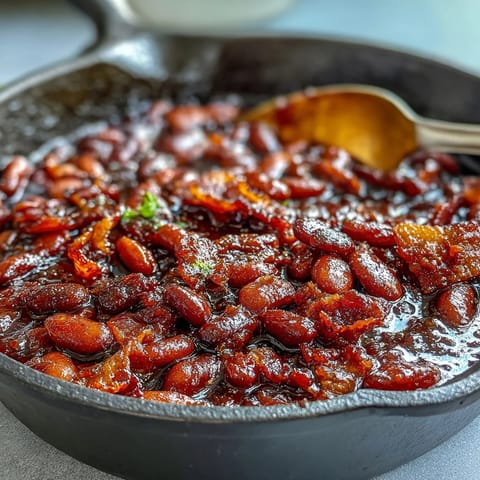 1. Hearty baked beans with bacon, brown sugar, and molasses, bubbling in a sweet and smoky sauce for summer BBQs.  