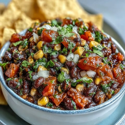 Colorful 3-Ingredient Cowboy Caviar Dip with black beans, sweet corn, and fresh pico de gallo, served with crispy tortilla chips.