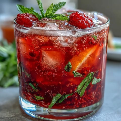 Vibrant raspberry lemon spritz mocktail served over ice with fresh mint and lemon slices, ideal for a nonalcoholic celebration.