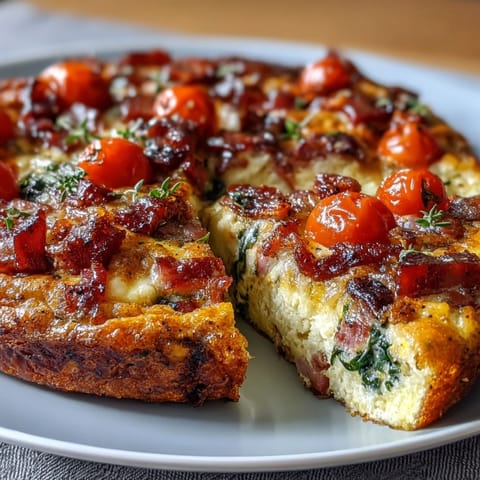 One-Pan Ham and Swiss Frittata with golden eggs, diced ham, and melted Swiss cheese baked to perfection.  