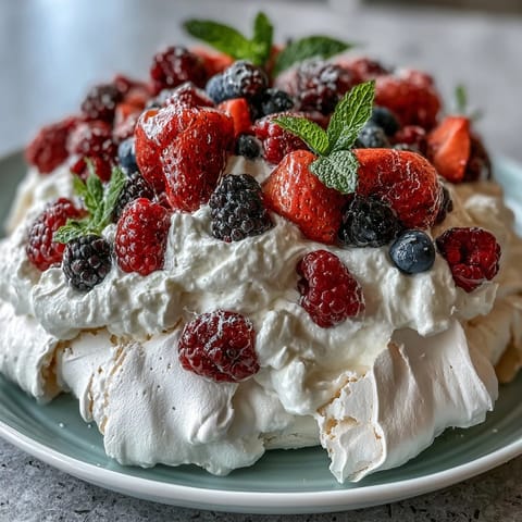 Crisp-edged meringue base crowned with billowy vanilla cream and juicy fresh berries for a stunning dessert centerpiece.