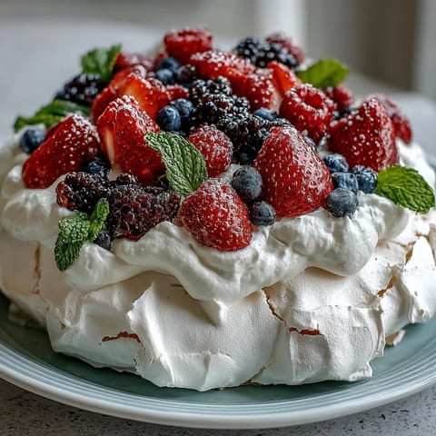 Delicate pavlova topped with fresh whipped cream and a colorful mix of seasonal berries, perfect for spring gatherings.