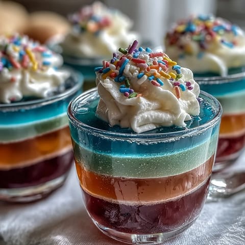 Vibrant rainbow Jello cups with fruity layers and fluffy whipped cream topping, perfect for kids' parties and celebrations.