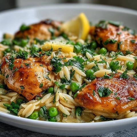 Bright and zesty one-pot lemon orzo with tender chicken, sweet peas, and a hint of garlic