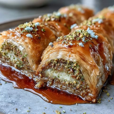 Golden Pistachio Baklava Rolls, flaky with sweet nutty filling and citrus syrup.