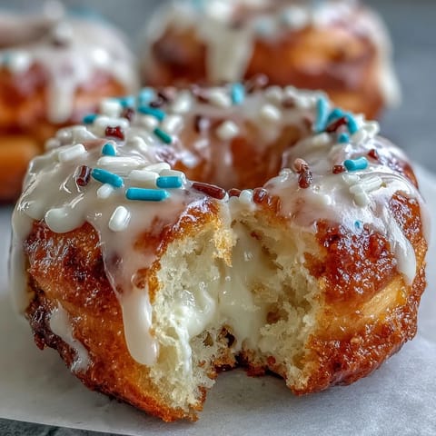 Fluffy glazed donuts coated in icing and rainbow sprinkles arranged in a festive tower, ideal for a graduation dessert table centerpiece.