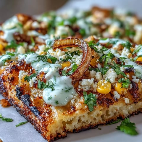 Vibrant Cinco de Mayo flatbread topped with charred street corn, crumbled cotija, and fresh cilantro, drizzled with zesty jalapeño crema.