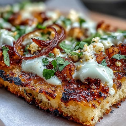 Crispy flatbread layered with smoky grilled corn, tangy cotija cheese, and creamy jalapeño sauce, garnished with red onion and lime wedges.