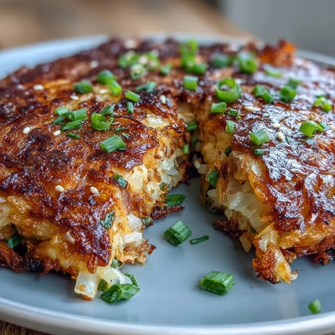 Crispy Cabbage Kimchi Pancakes sizzling in a skillet, golden brown with visible cabbage and kimchi chunks.  