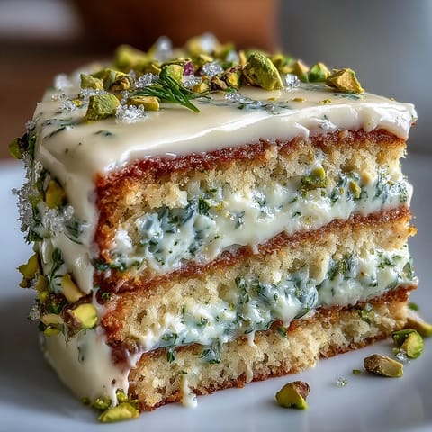A festive spring birthday cake with lemon sponge layers and creamy pistachio frosting, decorated with chopped pistachios and edible flowers.
