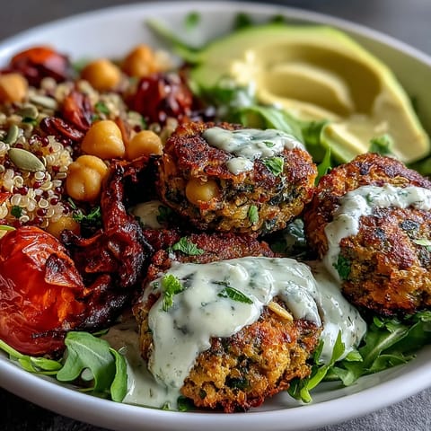 A vibrant Spring Buddha Bowl with roasted vegetables, crispy falafel, and creamy lemon-tahini dressing served over quinoa.  