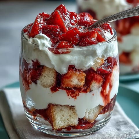 Layered strawberry shortcake trifle with vanilla cake, fresh berries, and whipped cream in a glass dessert dish.  