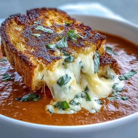 Velvety Creamy Tomato Basil Soup with golden grilled cheese croutons.