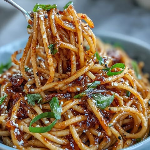 Creamy gochujang butter pasta with vibrant red sauce, tender spaghetti, and aromatic garlic in a glossy, umami-rich coating.
